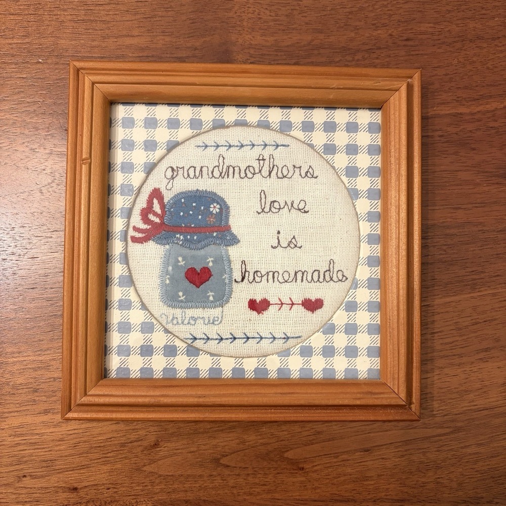 Vintage Valorie Folk Art Cross Stitch Grandmothers Love is Homemade Framed 5.5"